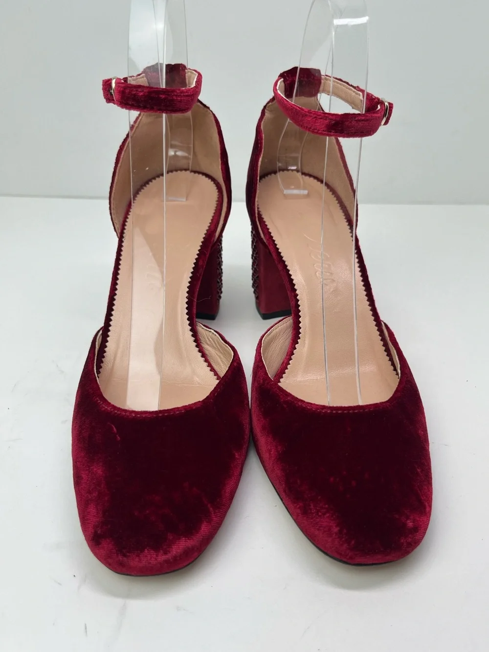 J. Crew Maisie Ruby Red Velvet Jewel Studded Ankle Strap Holiday Party Heels